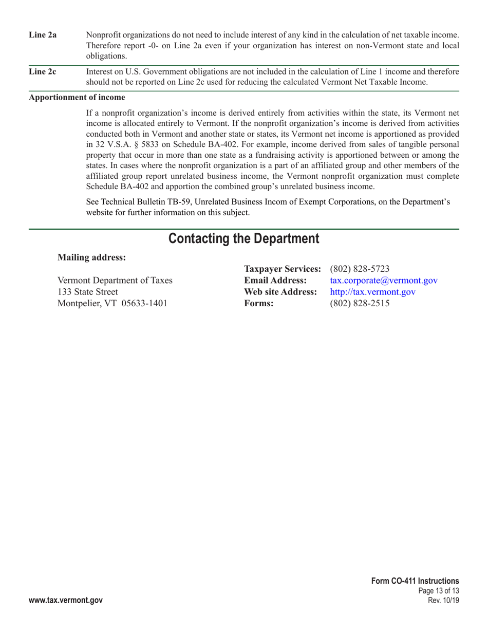 Instructions for Form CO-411 Vermont Corporate Income Tax Return - Vermont, Page 13