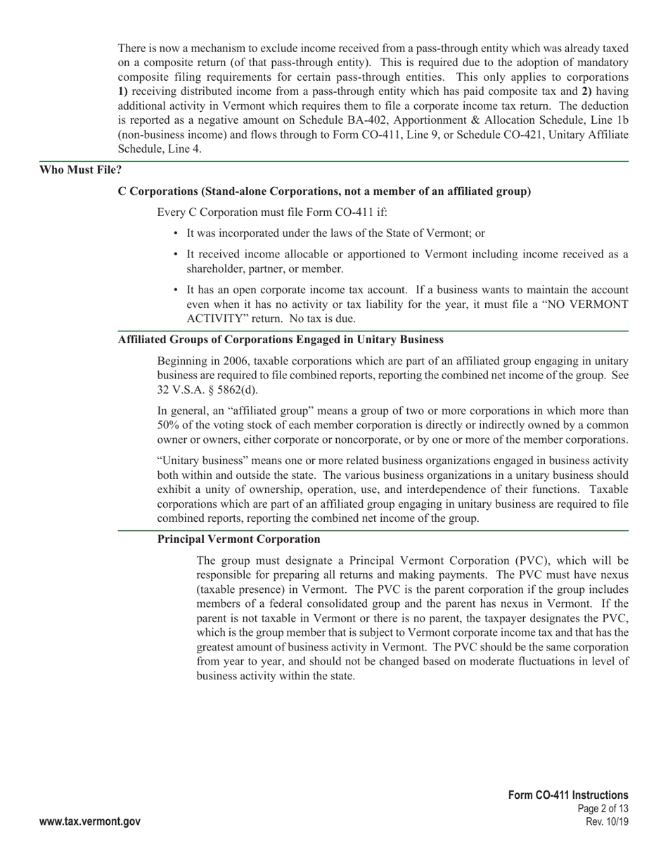 Instructions for Form CO-411 Vermont Corporate Income Tax Return - Vermont, Page 2
