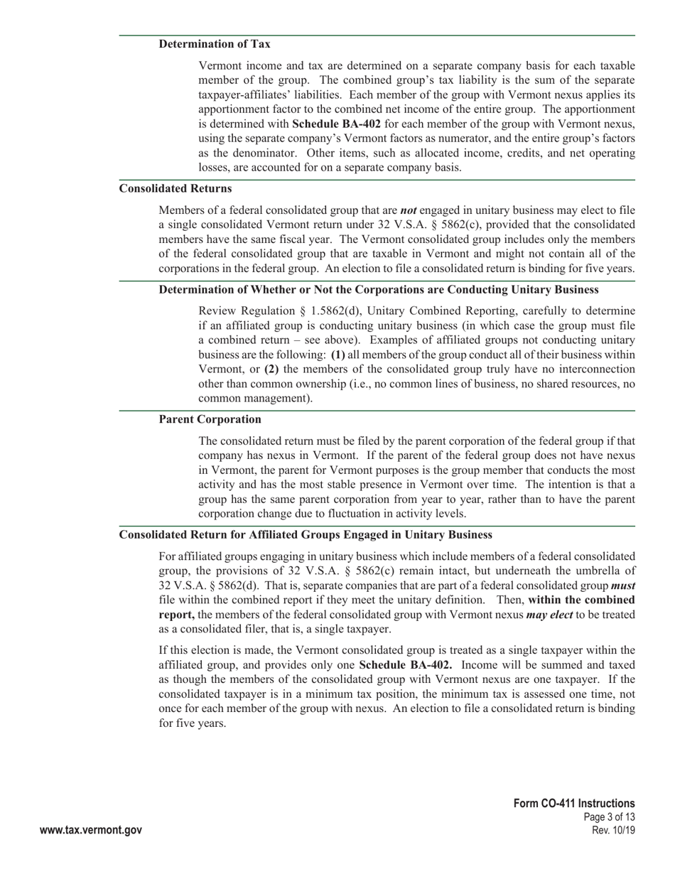 Instructions for Form CO-411 Vermont Corporate Income Tax Return - Vermont, Page 3