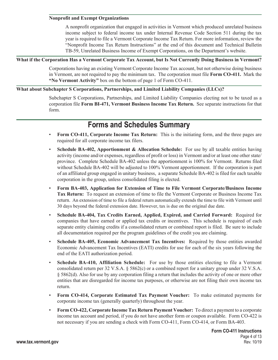 Instructions for Form CO-411 Vermont Corporate Income Tax Return - Vermont, Page 4