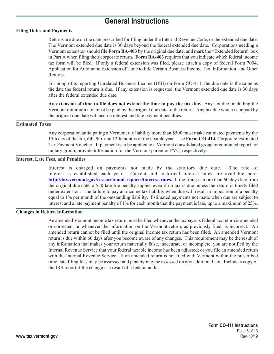 Instructions for Form CO-411 Vermont Corporate Income Tax Return - Vermont, Page 6