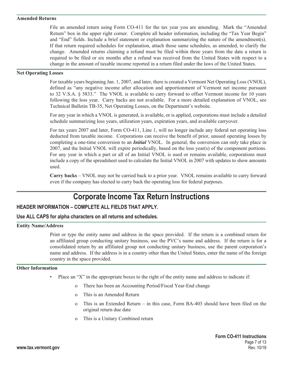 Instructions for Form CO-411 Vermont Corporate Income Tax Return - Vermont, Page 7