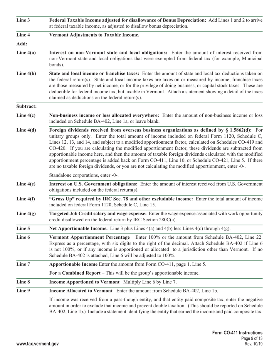 Instructions for Form CO-411 Vermont Corporate Income Tax Return - Vermont, Page 9