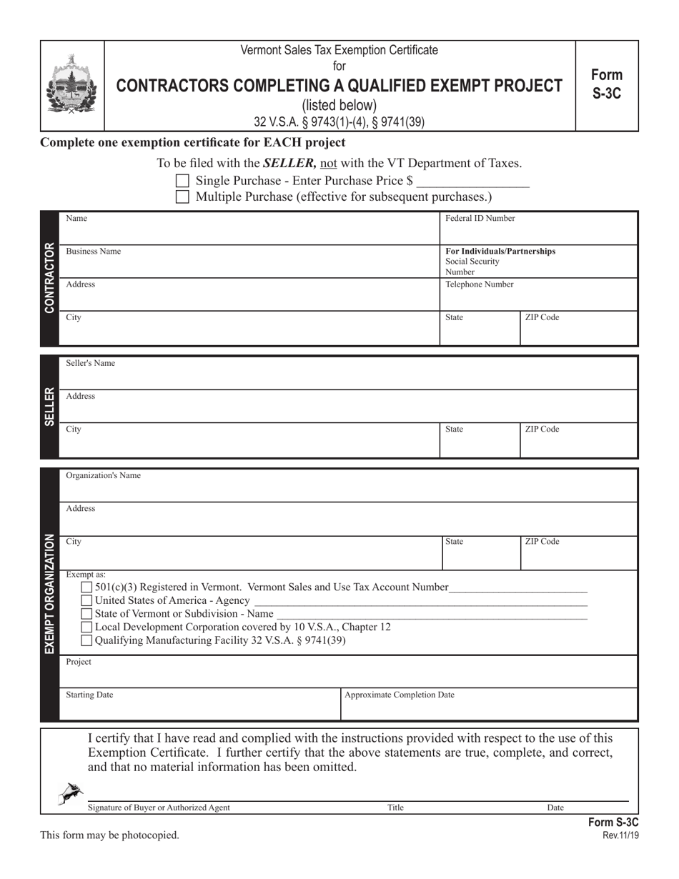 Form S-3C Vermont Sales Tax Exemption Certificate for Contractors Completing a Qualified Exempt Project - Vermont, Page 1