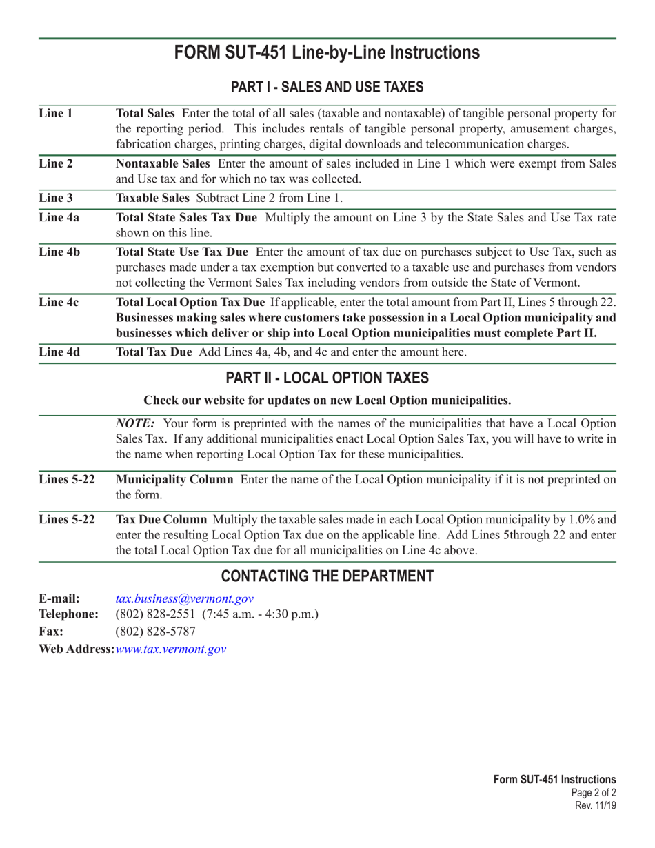 Instructions for VT Form SUT-451 Sales and Use Tax Return - Vermont, Page 2