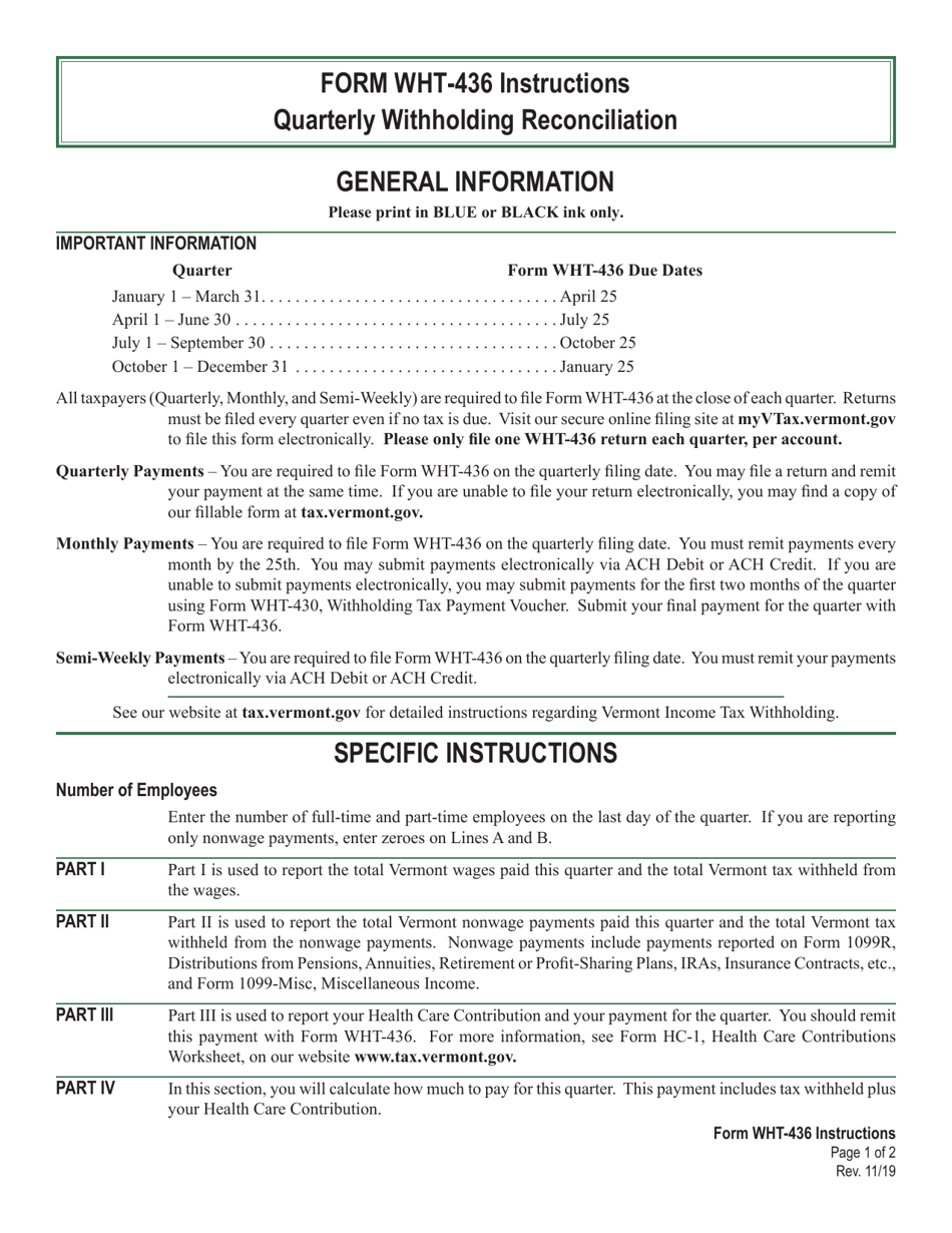 Instructions for VT Form WHT-436 Quarterly Withholding Reconciliation and Health Care Contribution - Vermont, Page 1