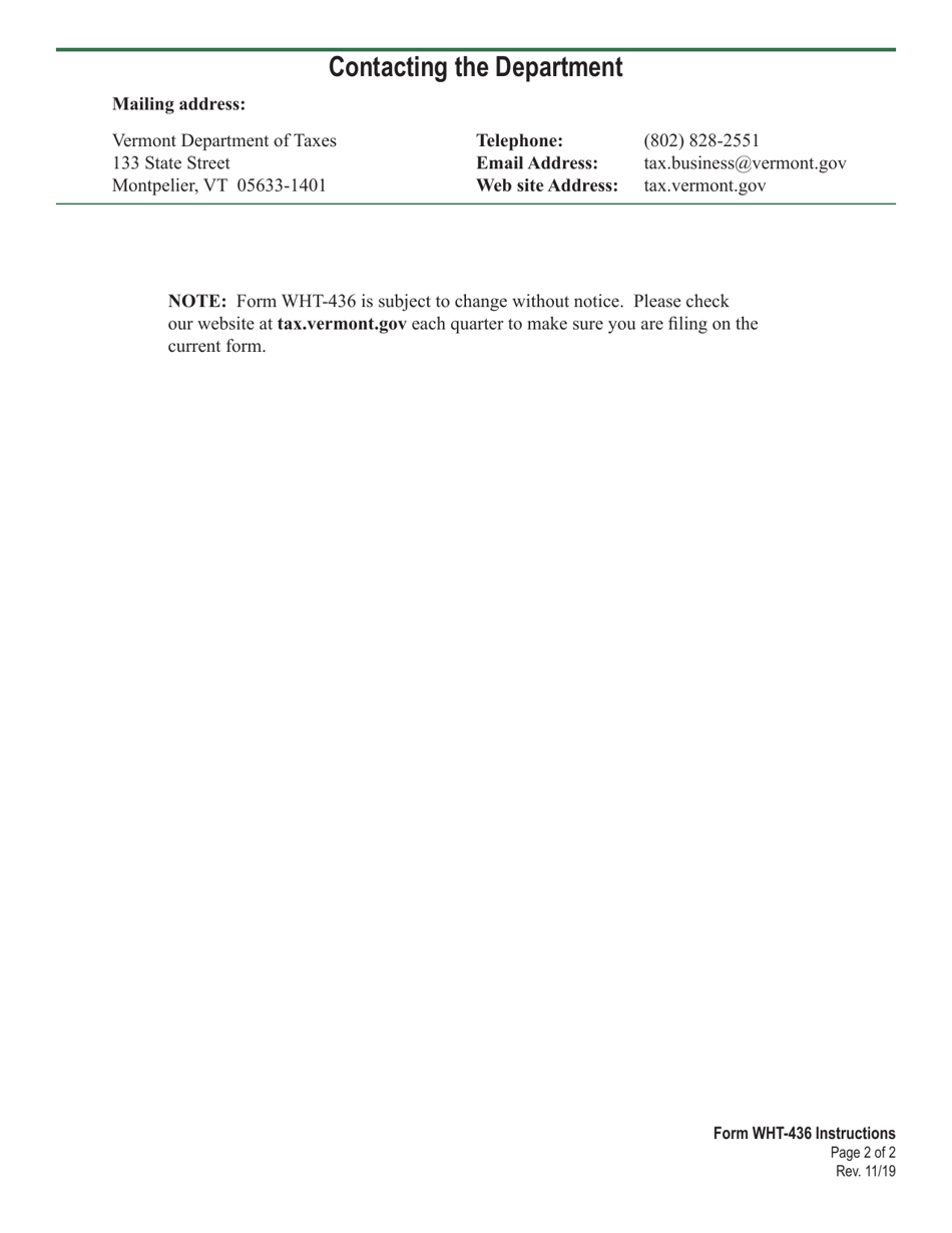 Instructions for VT Form WHT-436 Quarterly Withholding Reconciliation and Health Care Contribution - Vermont, Page 2