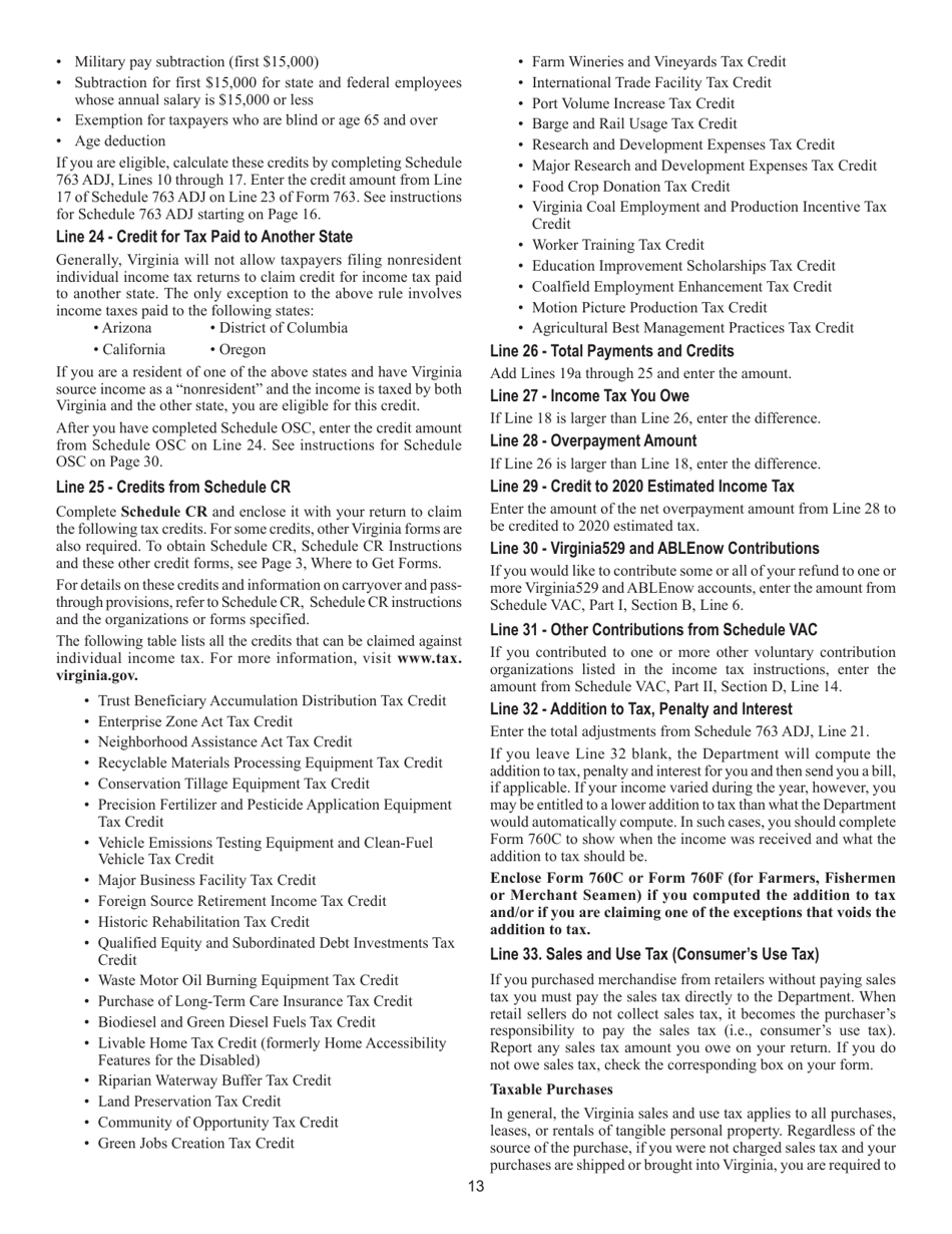 Instructions for Form 763 Nonresident Individual Income Tax Return - Virginia, Page 19