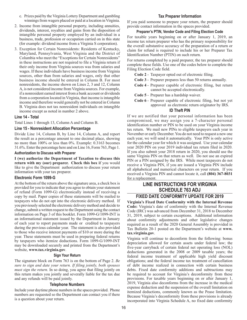 Instructions for Form 763 Nonresident Individual Income Tax Return - Virginia, Page 22