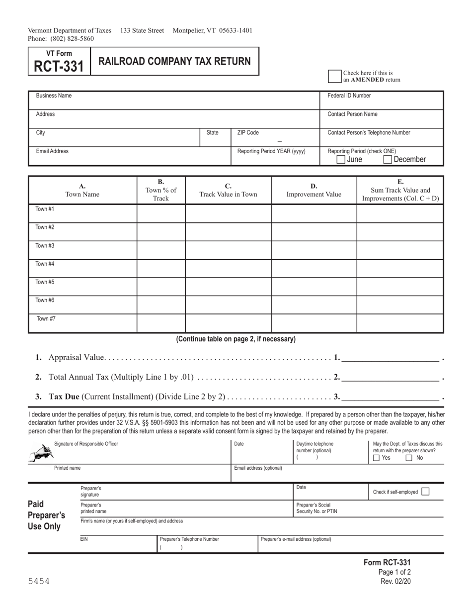 VT Form RCT-331 Railroad Company Tax Return - Vermont, Page 1