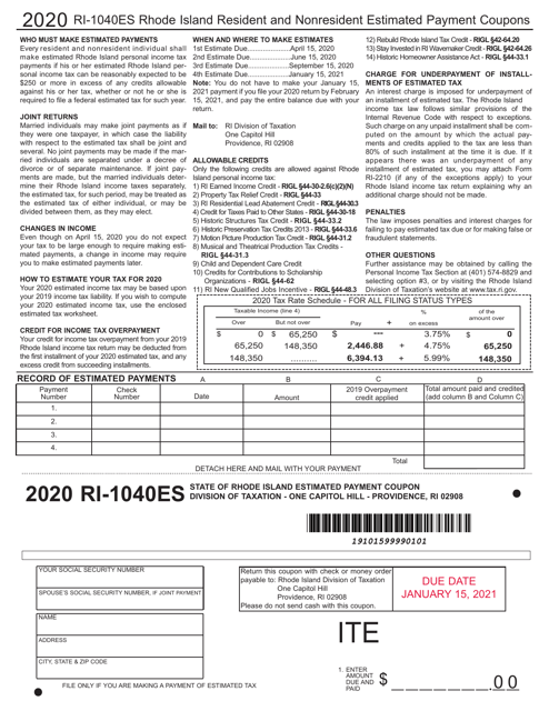 Form RI-1040ES 2020 Printable Pdf