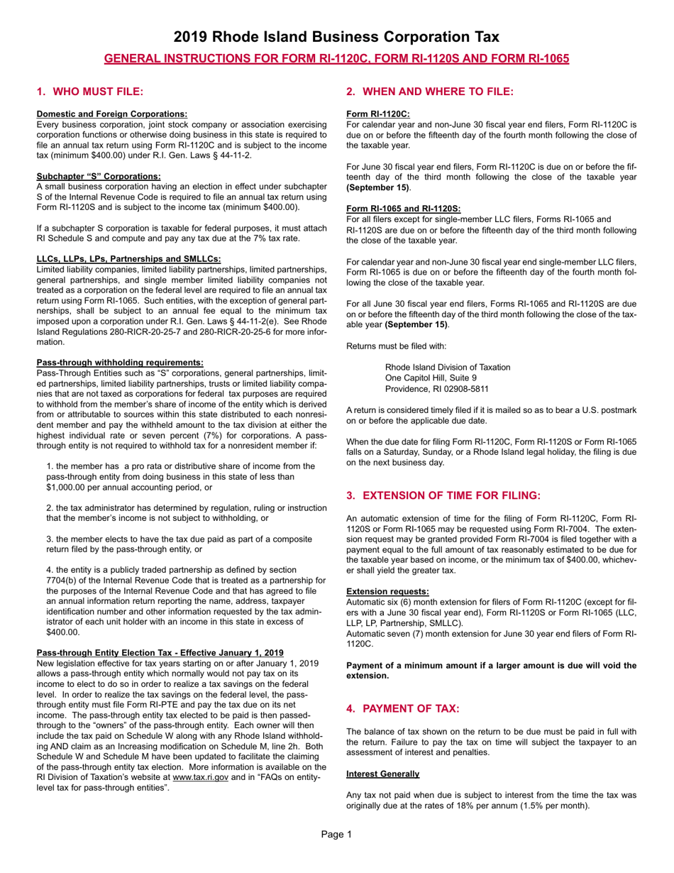 Instructions for Form RI-1120C, RI-1120S, RI-1065 - Rhode Island, Page 1