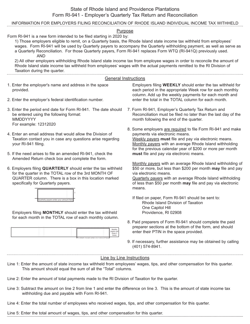 Instructions for Form RI-941 Employers Quarterly Tax Return and Reconciliation - Rhode Island, Page 1
