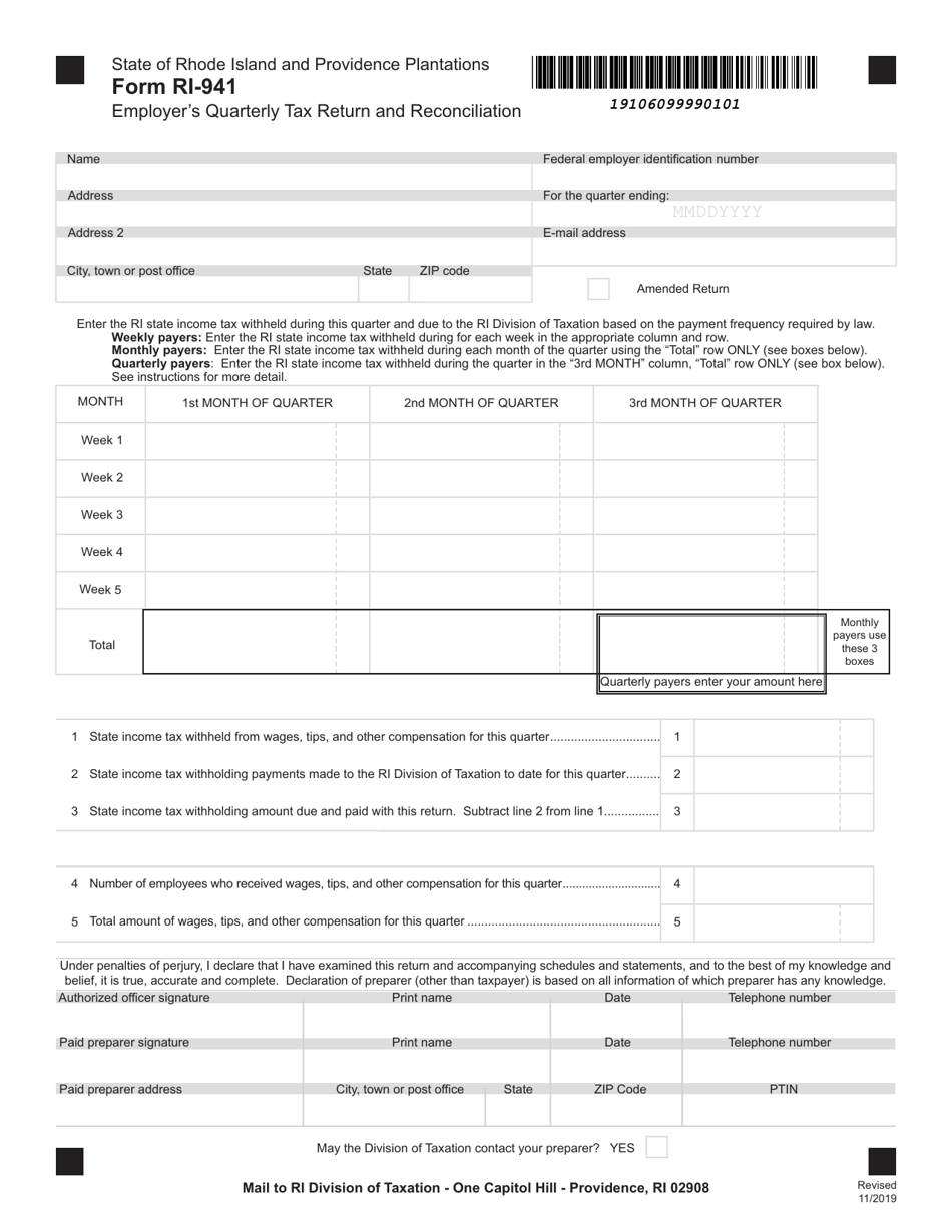 Form RI-941 Employers Quarterly Tax Return and Reconciliation - Rhode Island, Page 1