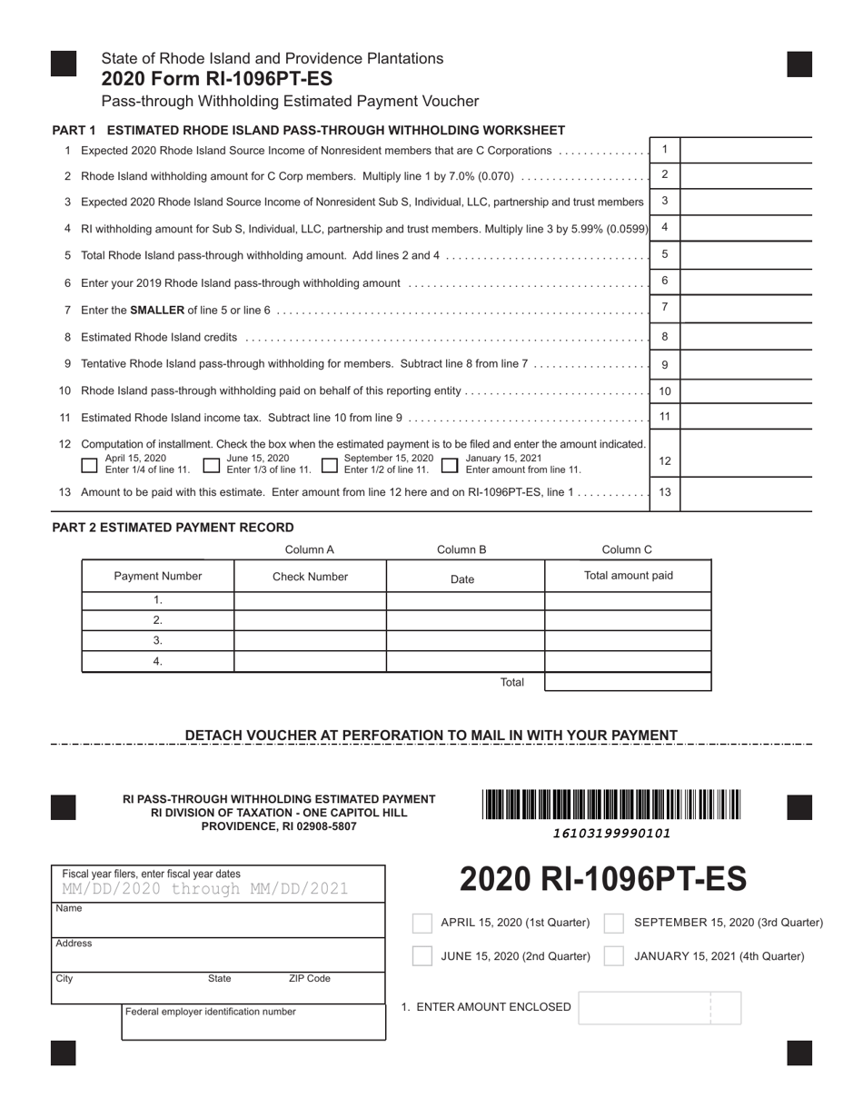 Form RI-1096PT-ES Pass-Through Withholding Estimated Payment Voucher - Rhode Island, Page 1