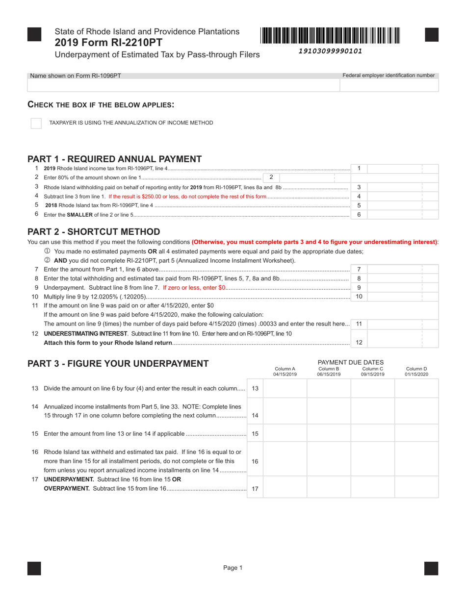 Form RI-2210PT Underpayment of Estimated Tax by Pass-Through Filers - Rhode Island, Page 1