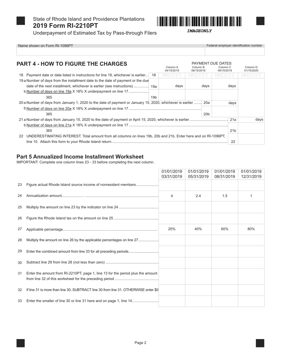 Form RI-2210PT Underpayment of Estimated Tax by Pass-Through Filers - Rhode Island, Page 2