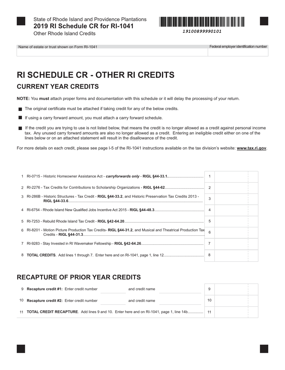 Form RI-1041 Schedule CR Other Rhode Island Credits - Rhode Island, Page 1