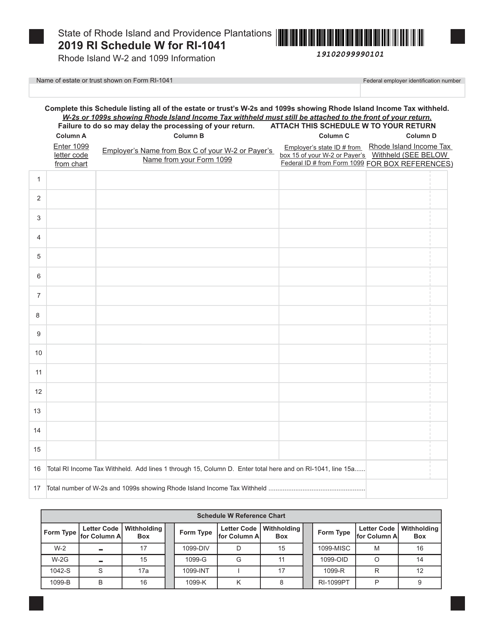 Form RI-1041 Schedule W 2019 Printable Pdf