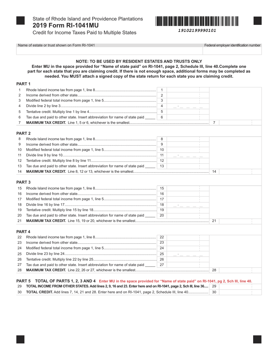 Form RI-1041MU Credit for Income Taxes Paid to Multiple States - Rhode Island, Page 1