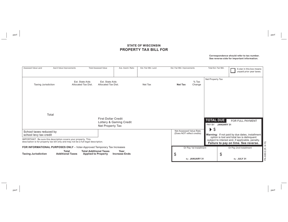 Form PA-685 / 2 Property Tax Bill - Wisconsin, Page 1