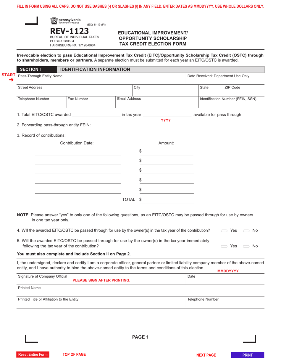 Form REV-1123 Educational Improvement / Opportunity Scholarship Tax Credit Election Form - Pennsylvania, Page 1