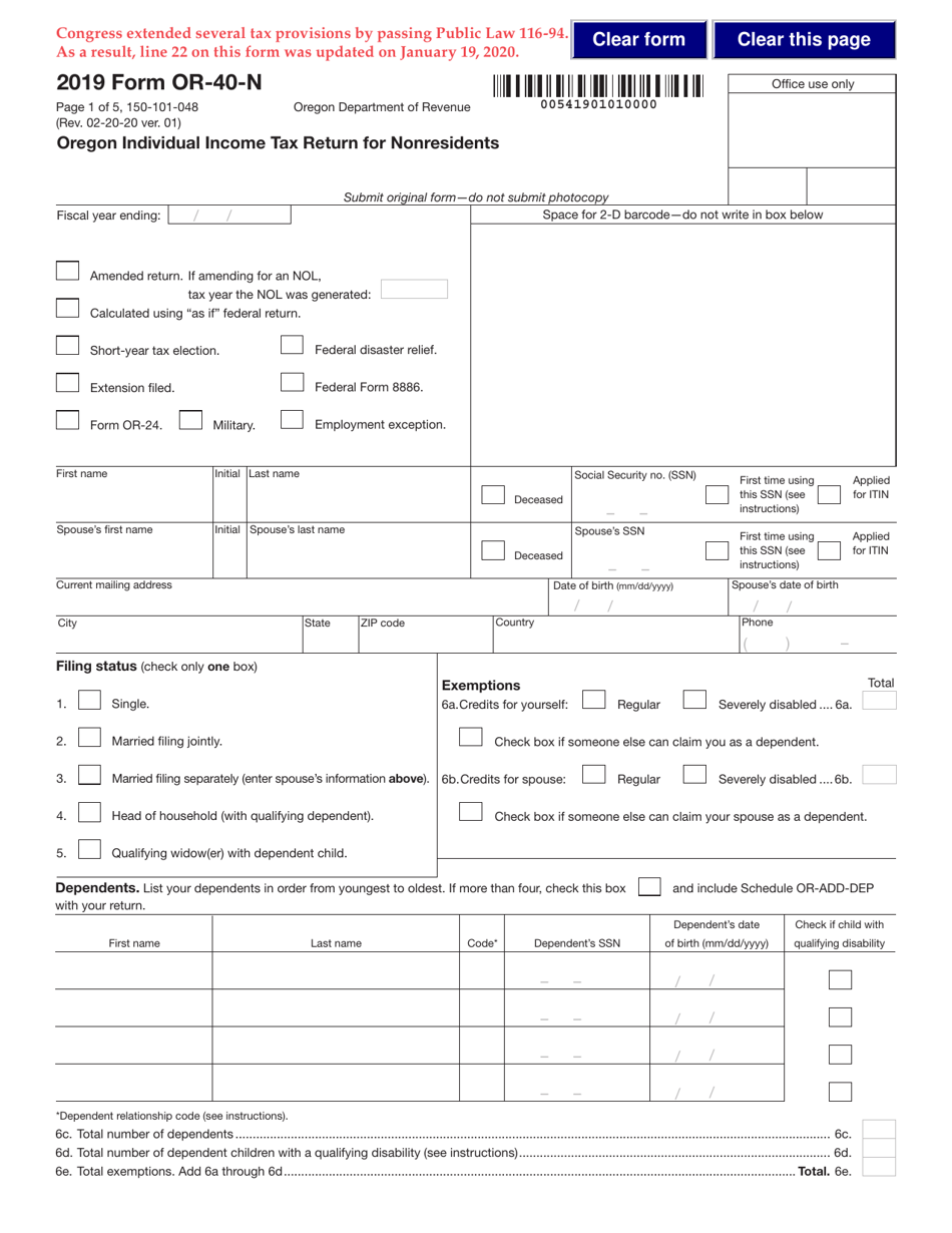Form OR-40-N (150-101-048) Oregon Individual Income Tax Return for Nonresidents - Oregon, Page 1