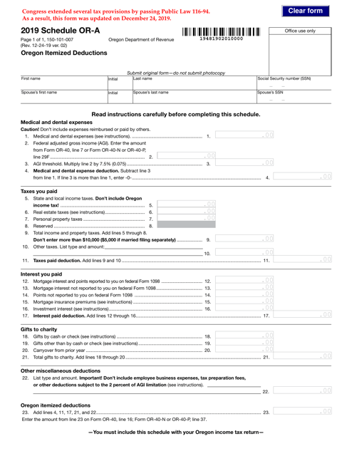 Form 150-101-007 Schedule OR-A 2019 Printable Pdf