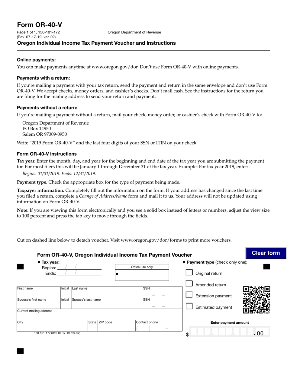 Form OR-40-V (150-101-172) Oregon Individual Income Tax Payment Voucher - Oregon, Page 1