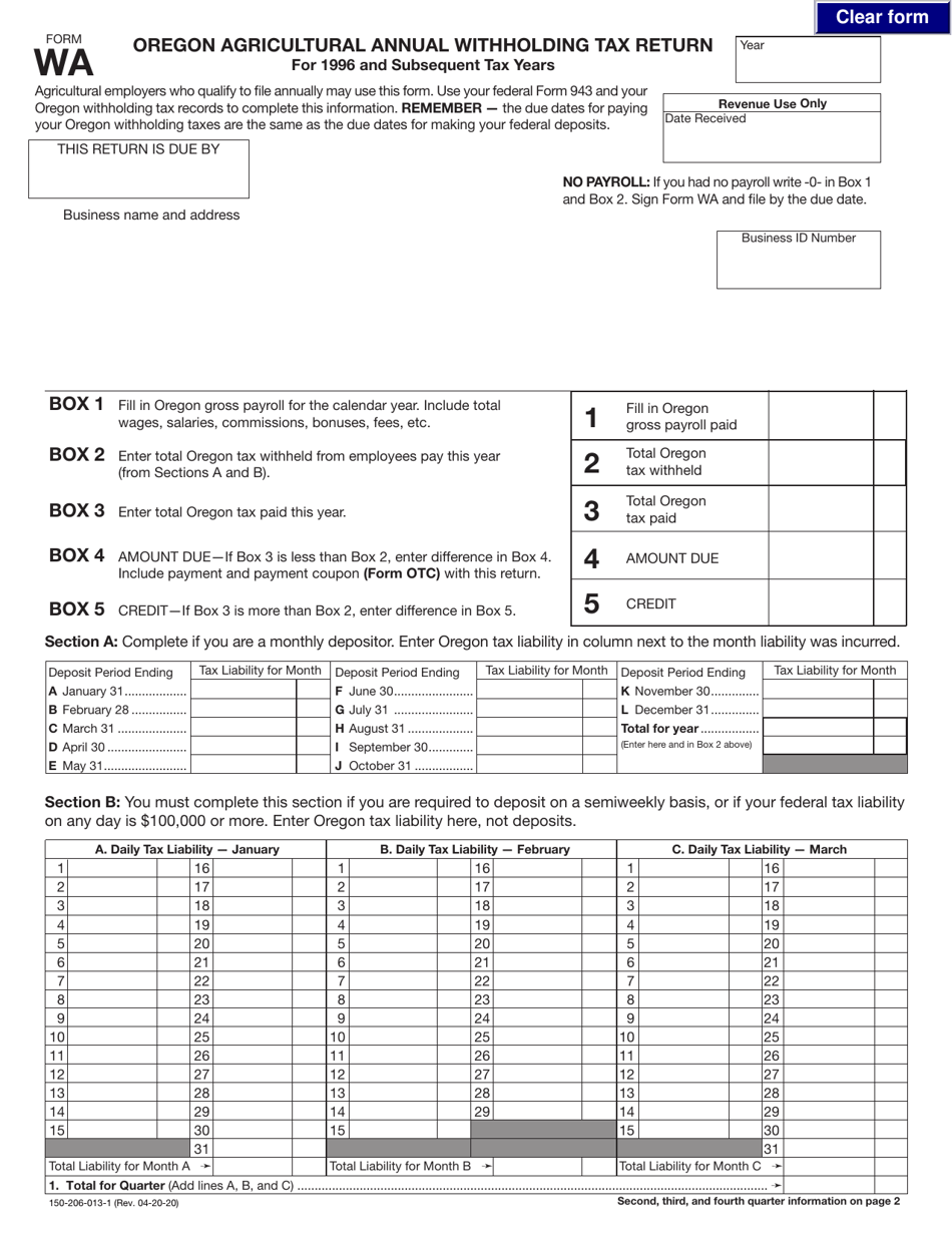 Form WA (150-206-013-1) Oregon Agricultural Annual Withholding Tax Return for 1996 and Subsequent Tax Years - Oregon, Page 1