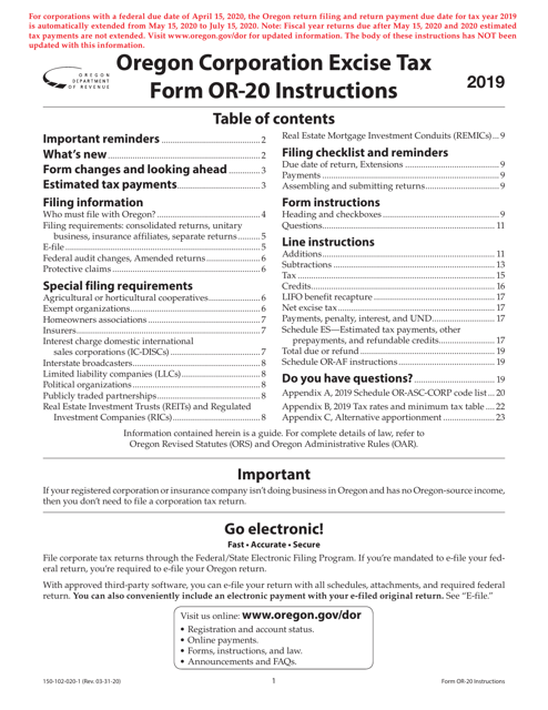 Form OR-20, 150-102-020 2019 Printable Pdf