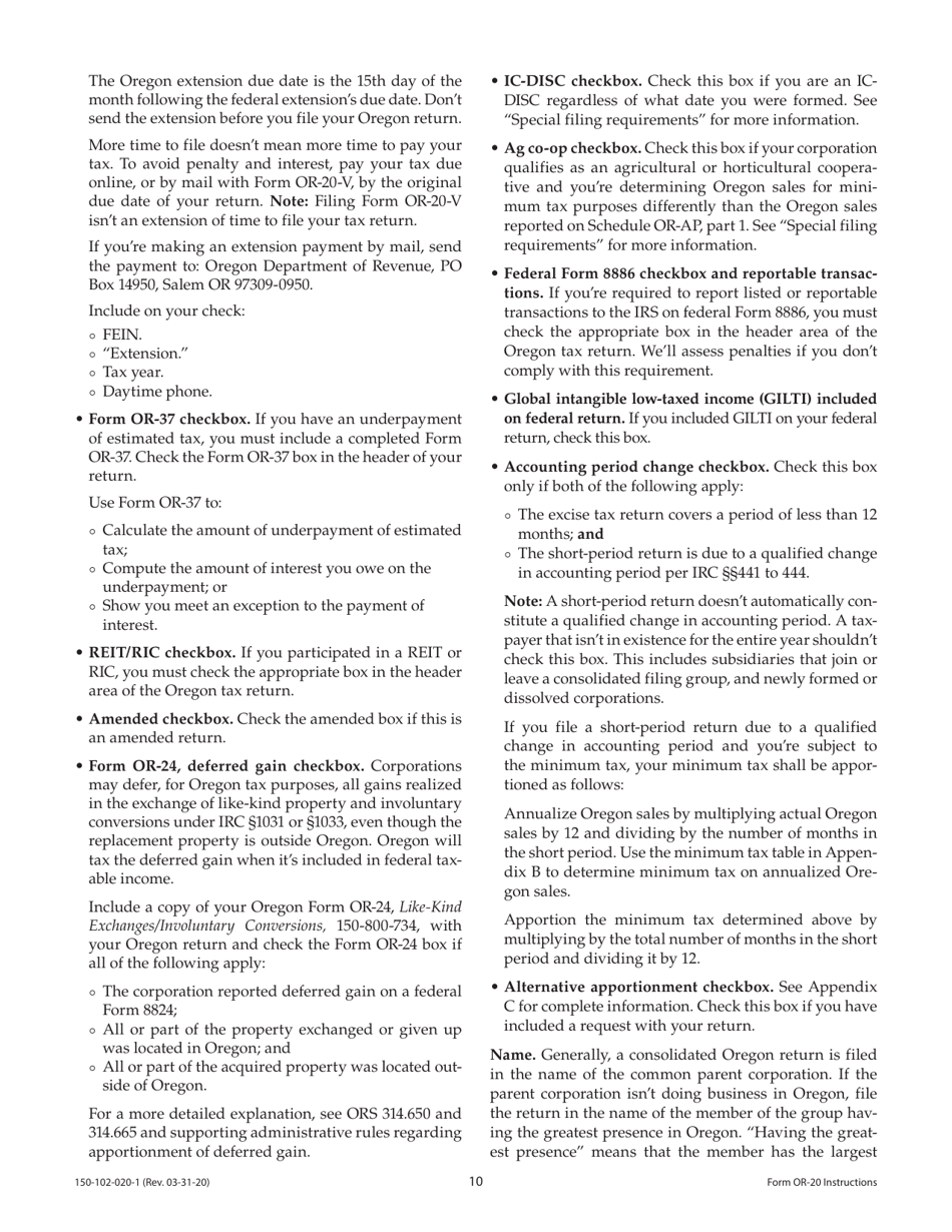 Instructions for Form OR-20, 150-102-020 Oregon Corporation Excise Tax Return - Oregon, Page 10
