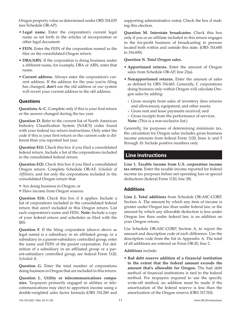Instructions for Form OR-20, 150-102-020 Oregon Corporation Excise Tax Return - Oregon, Page 11