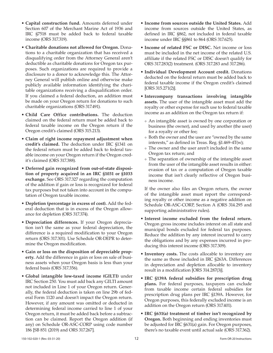 Instructions for Form OR-20, 150-102-020 Oregon Corporation Excise Tax Return - Oregon, Page 12