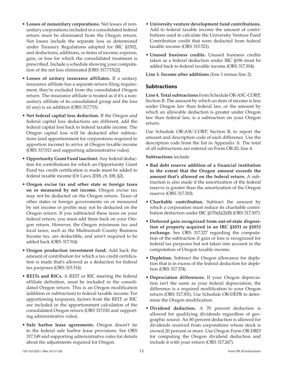 Instructions for Form OR-20, 150-102-020 Oregon Corporation Excise Tax Return - Oregon, Page 13