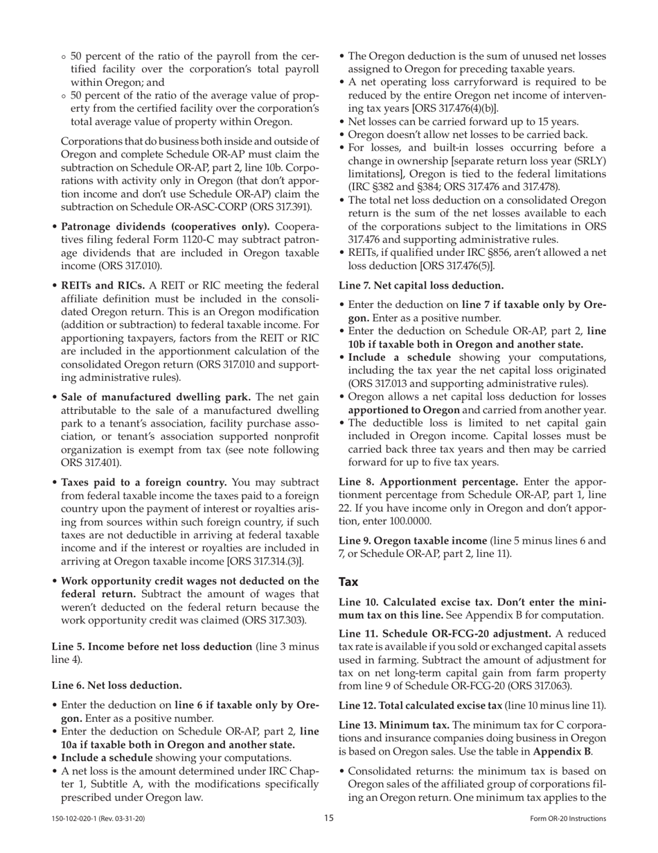 Instructions for Form OR-20, 150-102-020 Oregon Corporation Excise Tax Return - Oregon, Page 15