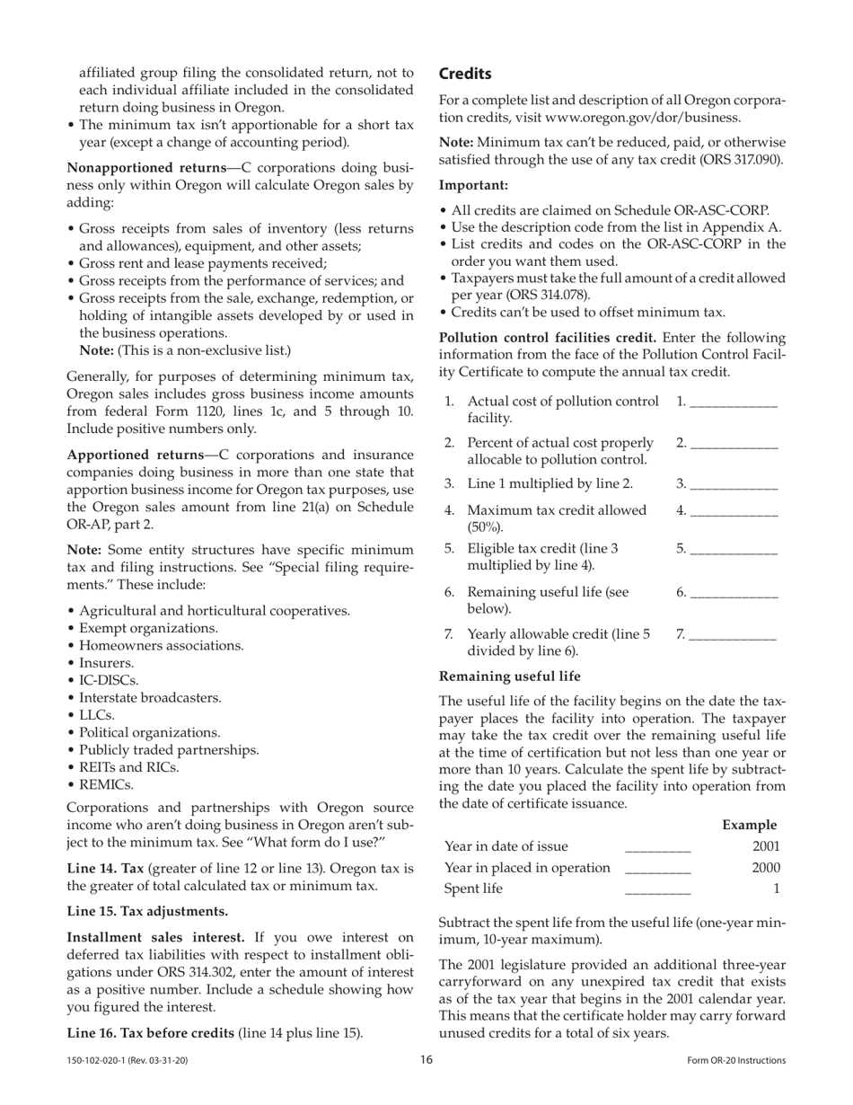 Instructions for Form OR-20, 150-102-020 Oregon Corporation Excise Tax Return - Oregon, Page 16