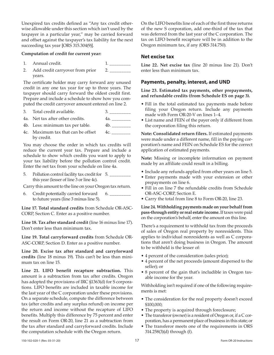 Instructions for Form OR-20, 150-102-020 Oregon Corporation Excise Tax Return - Oregon, Page 17