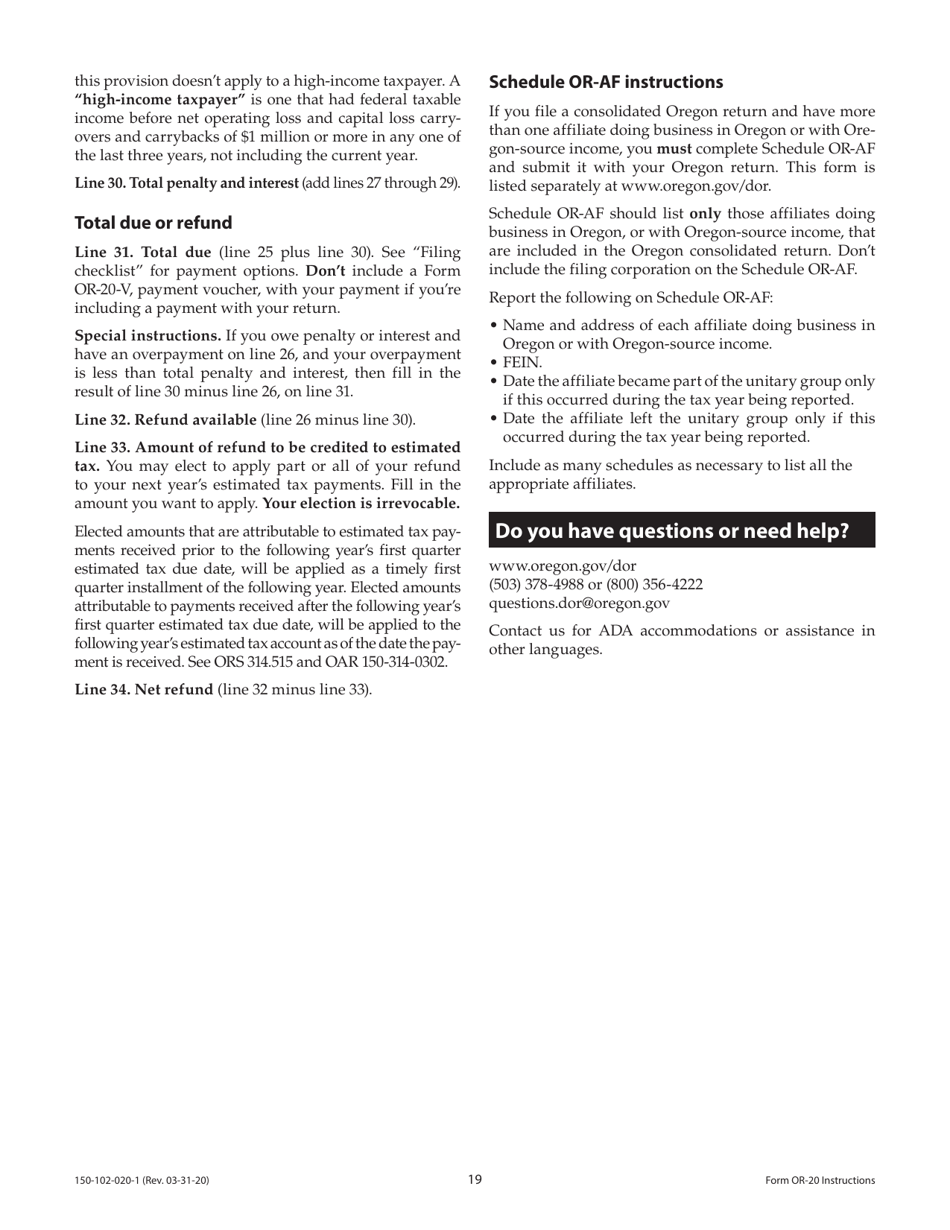 Instructions for Form OR-20, 150-102-020 Oregon Corporation Excise Tax Return - Oregon, Page 19
