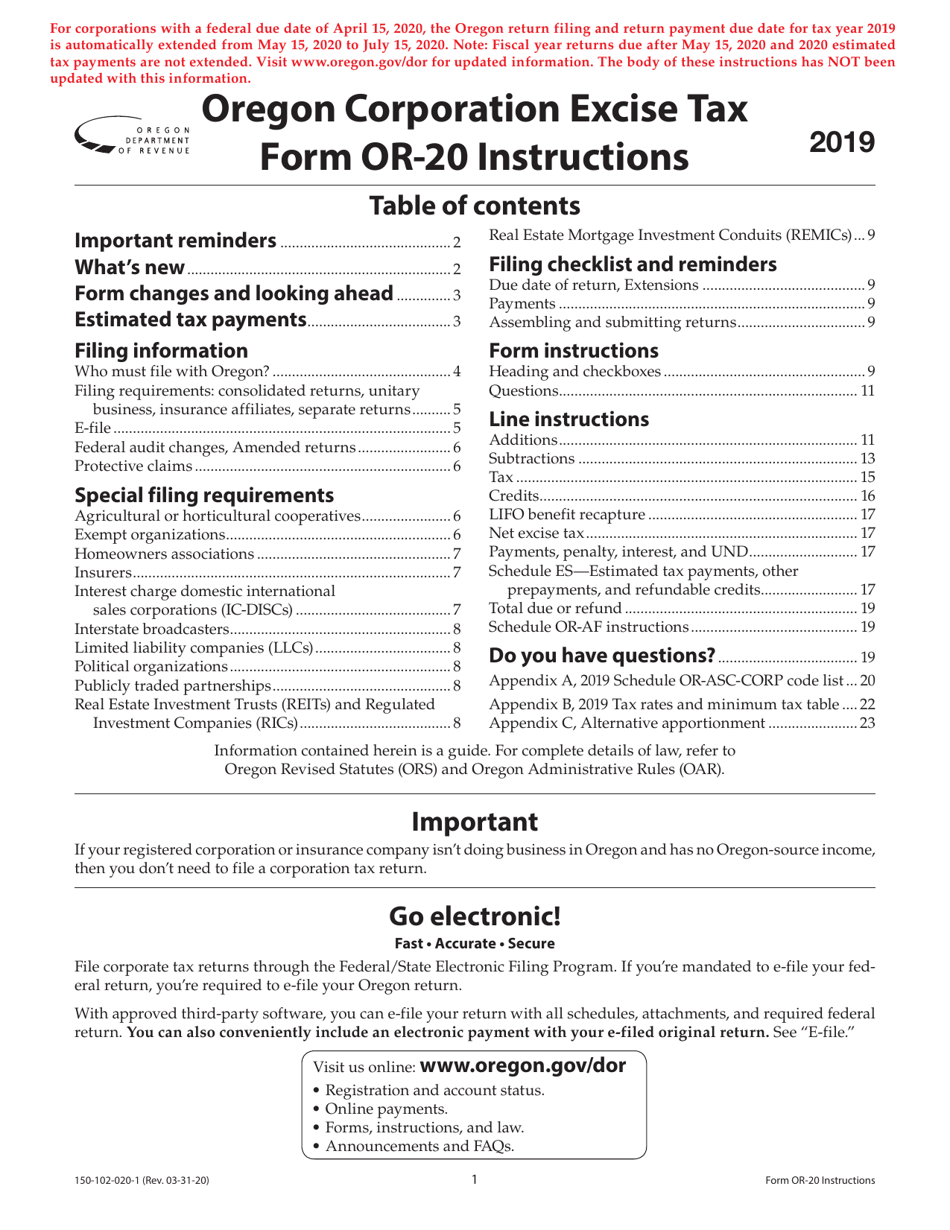 Instructions for Form OR-20, 150-102-020 Oregon Corporation Excise Tax Return - Oregon, Page 1