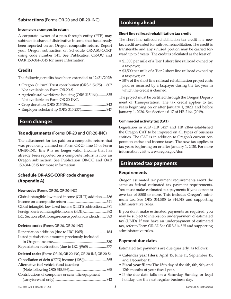 Instructions for Form OR-20, 150-102-020 Oregon Corporation Excise Tax Return - Oregon, Page 3