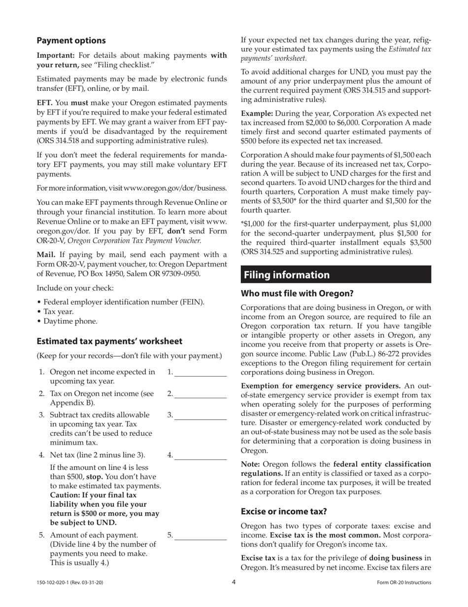 Instructions for Form OR-20, 150-102-020 Oregon Corporation Excise Tax Return - Oregon, Page 4