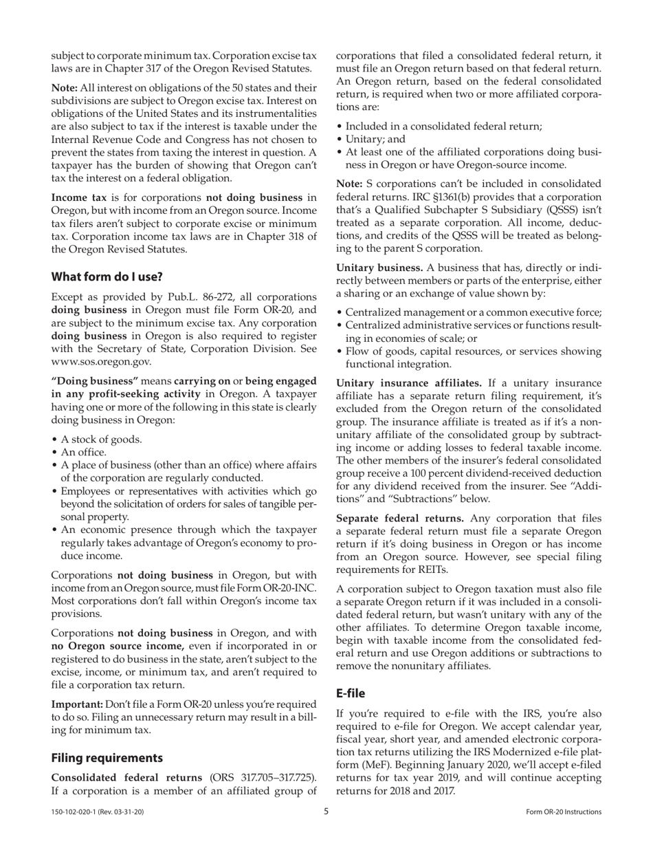 Instructions for Form OR-20, 150-102-020 Oregon Corporation Excise Tax Return - Oregon, Page 5