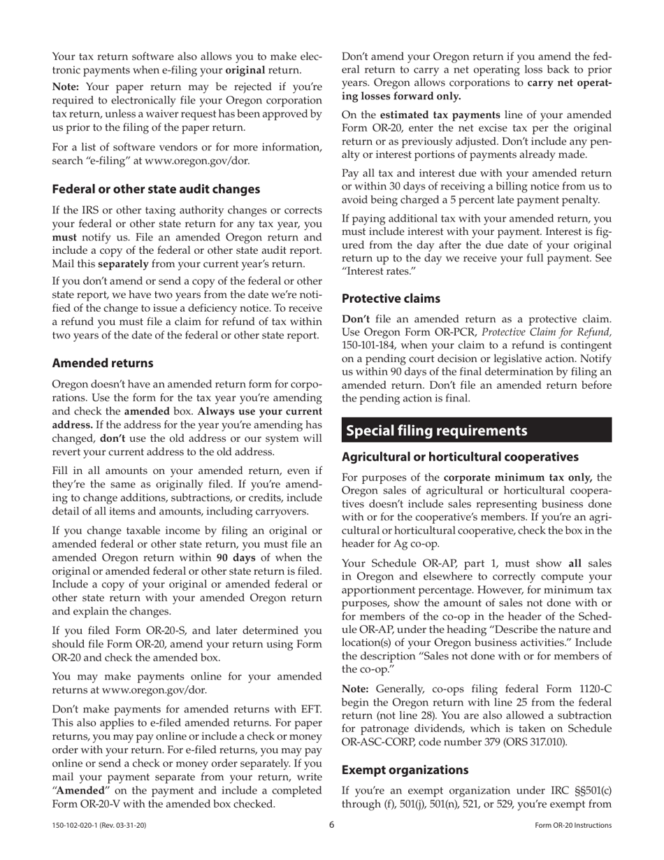 Instructions for Form OR-20, 150-102-020 Oregon Corporation Excise Tax Return - Oregon, Page 6