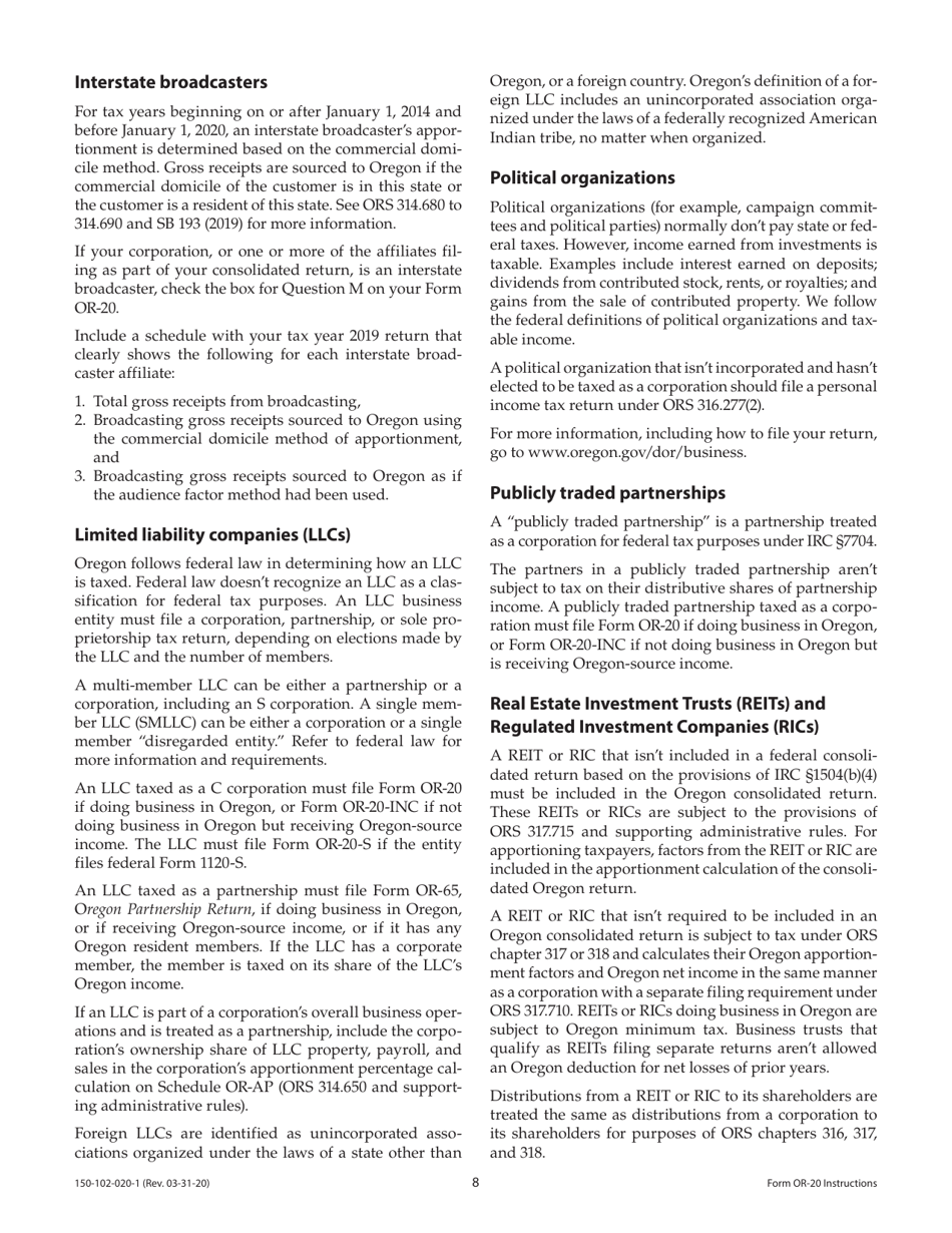 Instructions for Form OR-20, 150-102-020 Oregon Corporation Excise Tax Return - Oregon, Page 8