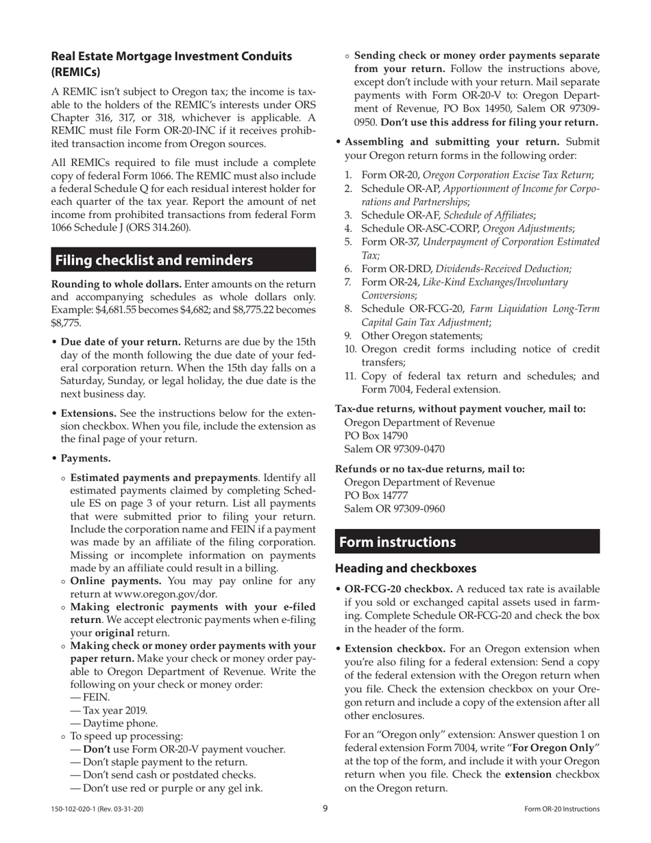 Instructions for Form OR-20, 150-102-020 Oregon Corporation Excise Tax Return - Oregon, Page 9