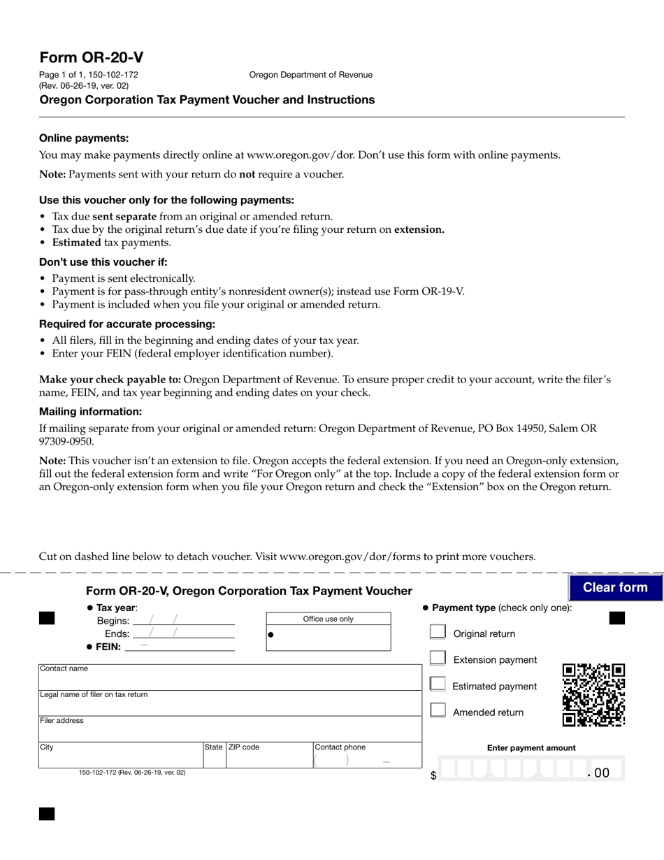 Form OR 20 V 150 102 172 Download Fillable PDF Or Fill Online Oregon 