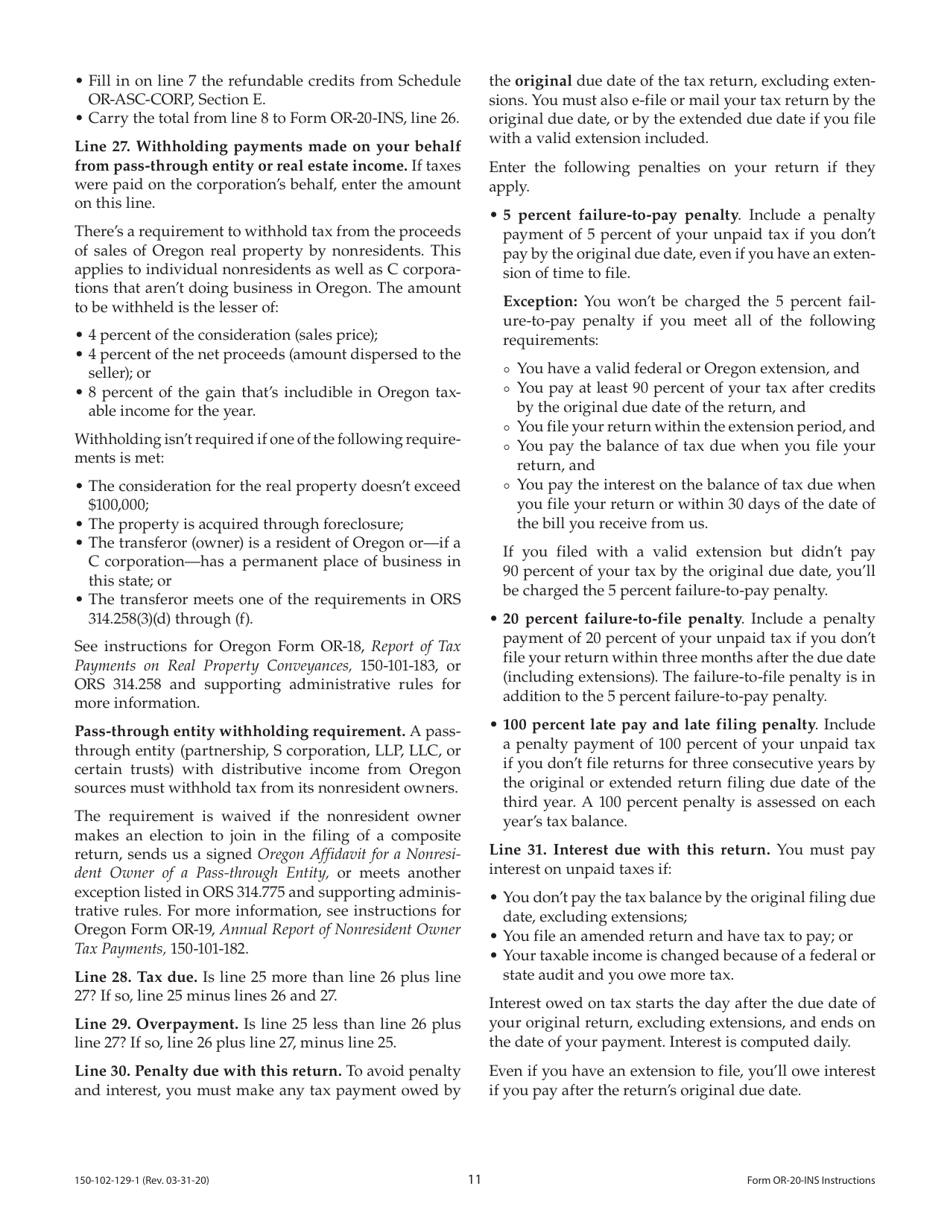 Instructions for Form OR-20-INS, 150-102-129 Oregon Insurance Excise Tax Return - Oregon, Page 11