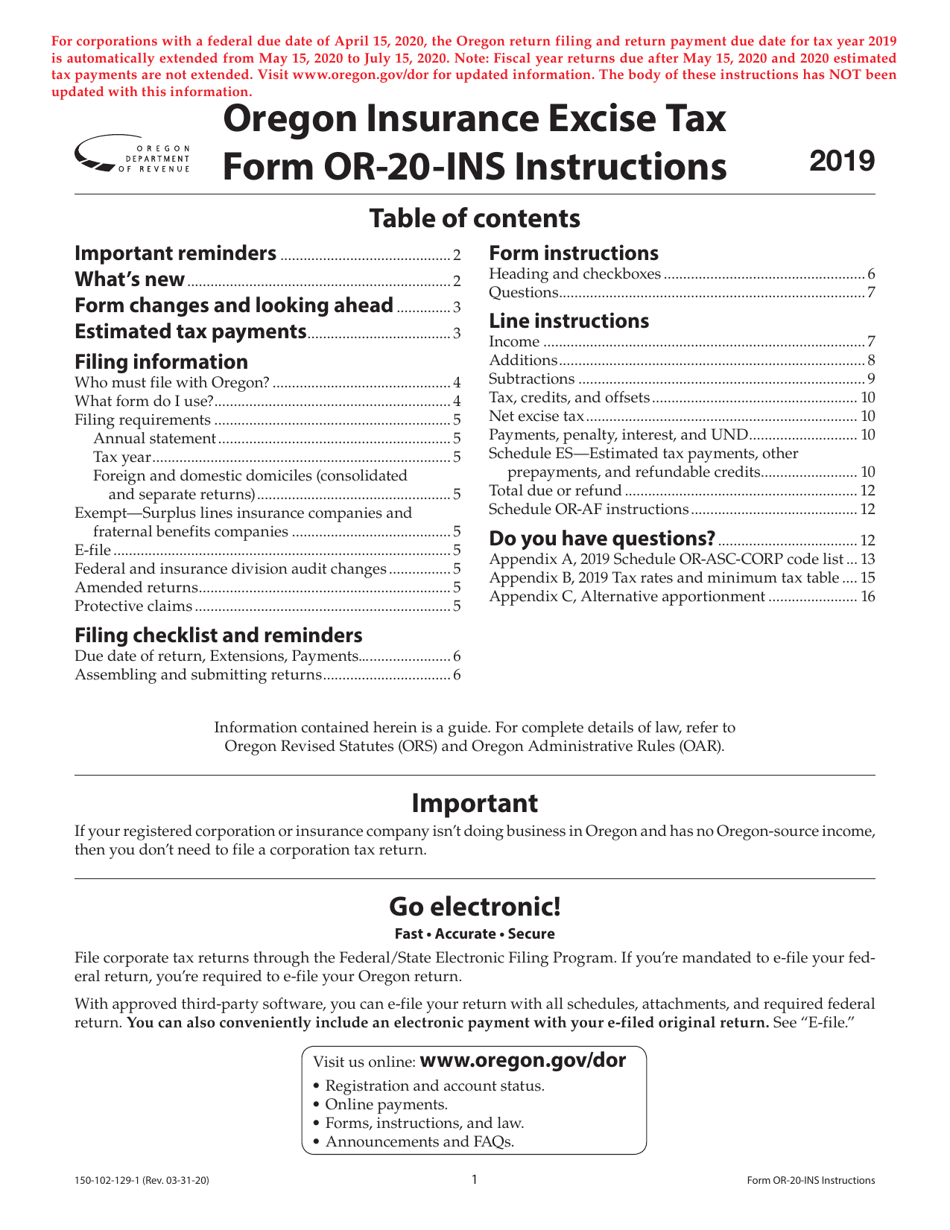 Instructions for Form OR-20-INS, 150-102-129 Oregon Insurance Excise Tax Return - Oregon, Page 1