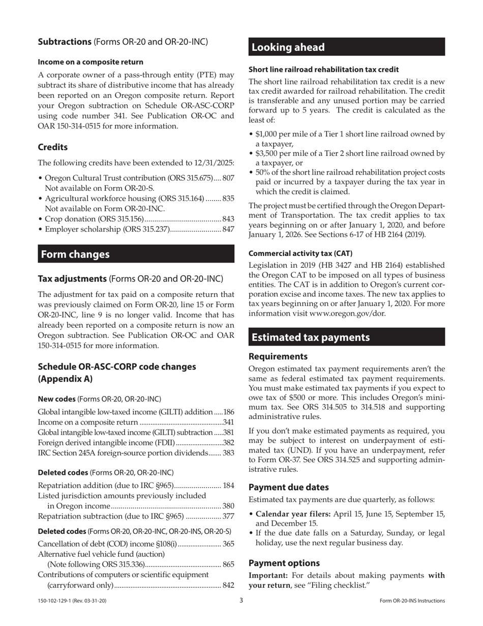 Instructions for Form OR-20-INS, 150-102-129 Oregon Insurance Excise Tax Return - Oregon, Page 3